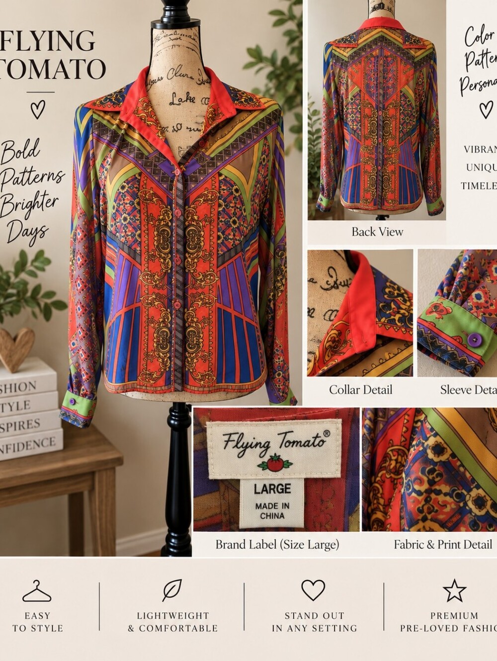 Flying Tomato Multicolor Printed Button-Down Shirt with Red Collar